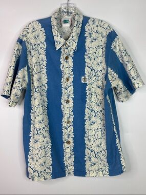 Duke Kahanamoku Blue Floral Cotton Button Up Short Sleeve Shirt Large